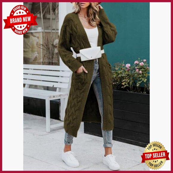 Knee Length Cable Knit Cardigan Sweater Open Front Loose Fit with Pockets - Picture 4 of 7